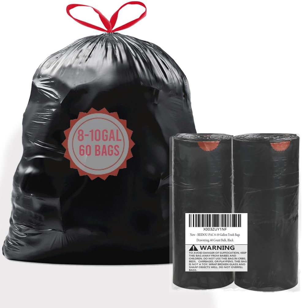 8-10 Gallon Trash Bags Drawstring, 60 Count Bulk, Black & Unscented Multi-purpose Garbage Bags for