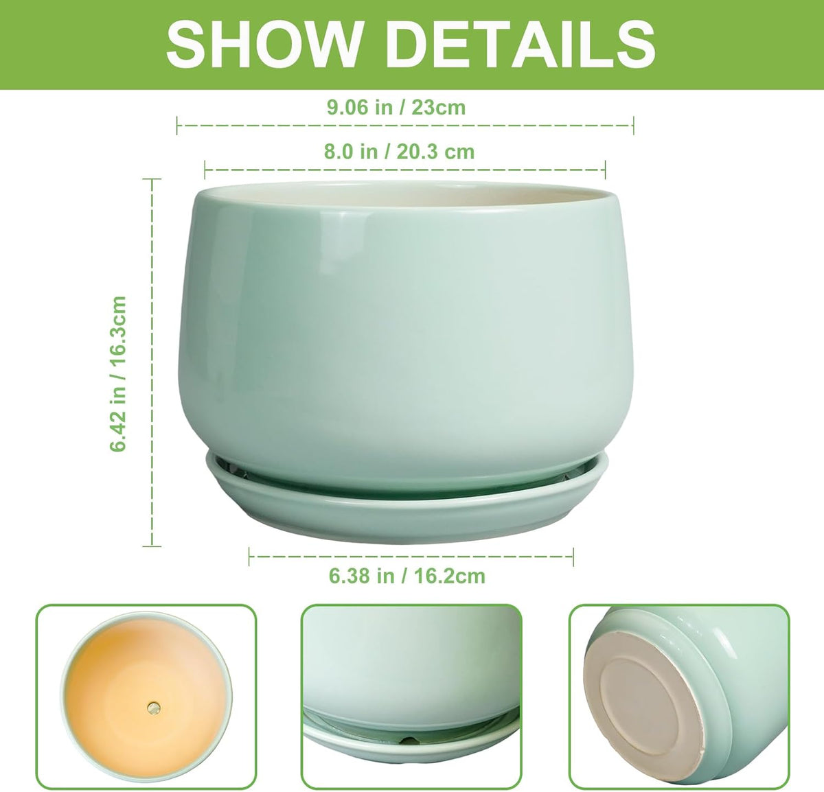 G EPGardening Ceramic Pots for Plants - 9 Inch Ceramic Planter with Drainage and Saucer, Round