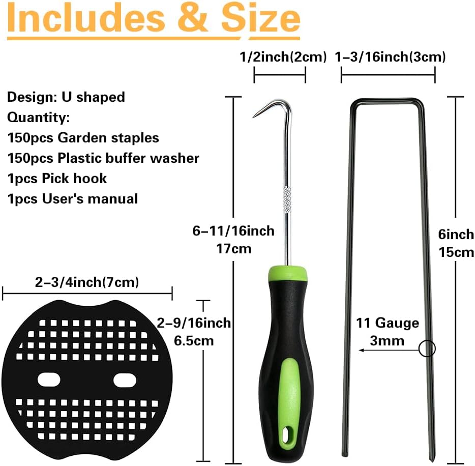 Bakulyor 150pcs Black Landscape Staples + 150pcs Buffer Washer, 6 Inch 11 Gauge Garden Stakes