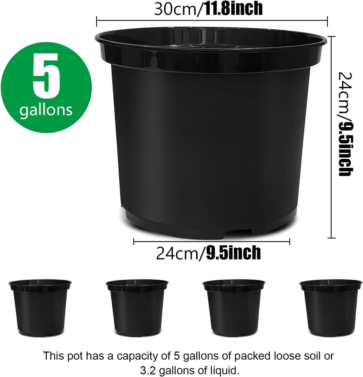 5 Gallon 12 Inch Plastic Nursery Pots, Plant Containers with Drainage Holes, Round Sturdy Garden