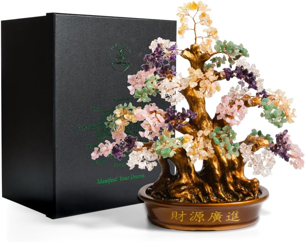 Natural Bonsai Feng Shui Money Tree, 18'', Includes Lucky Coins Chain, Tree of Life (1300 Gemstone