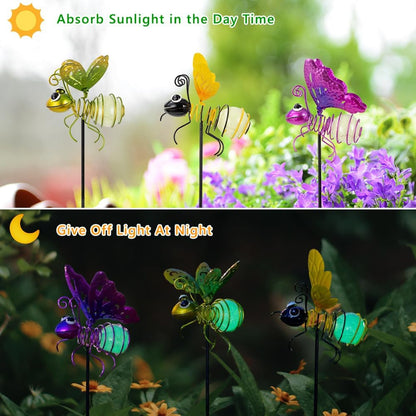 Garden Decor for Outside,3 Pcs Insect Garden Decorative Stakes,Glow in The Dark Bee Metal Yard