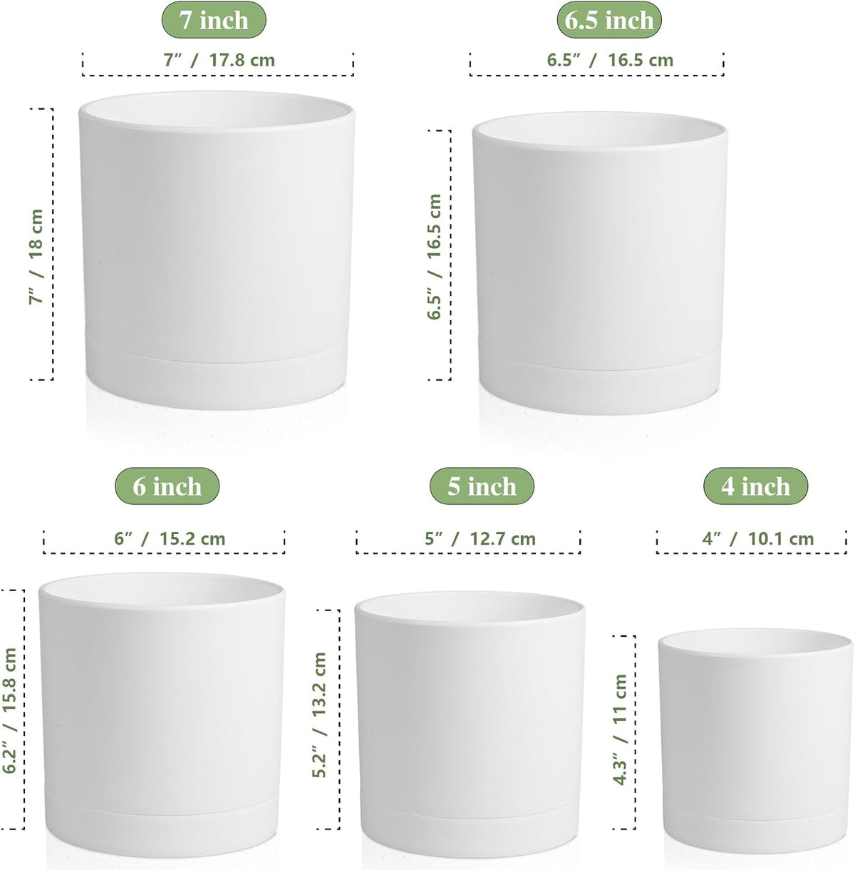 7/6.5/6/5/4 inch Flower Pots, 5 Pack Cylinder Plant Pots for Small Indoor Outdoor Plants, Plastic
