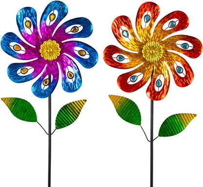 2 Packs Wind Spinners Outdoor, Metal Wind Sculptures & Spinners with Stake, Colorful Flower