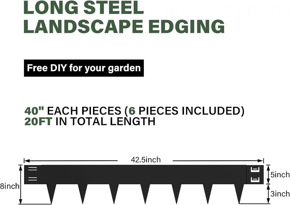 Galvanized Steel Landscape Edging - 40 Inch Strips, 8 Inch Depth, 6-Pack Black Bendable Metal
