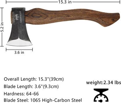 15.3" Hatchet, Splitting Axe with 1065 High Carbon Steel, Camping Hatchet with Beech Wooden Handle