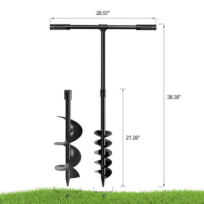 Heavy-Duty T-Shaped Hand Drill Auger Post Hole Digger with Non-Slip Handle - 4" & 6" x 38" Spiral