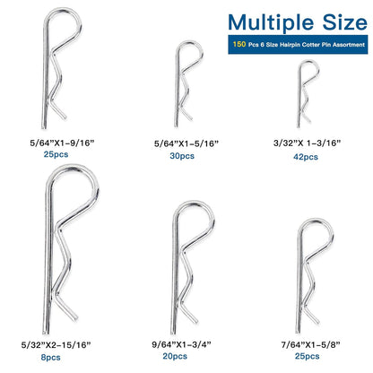 Boatsea Cotter Pin Assortment Kit, 150PCS 6 Sizes Hair Pin R Clips Assortment Kit, Zinc Plated