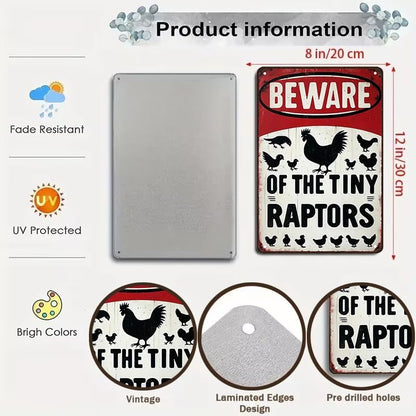 Funny Gifts for Women Chicken Lovers Farm Enthusiasts Beware of The Tiny Raptor Chicken Tin Sign