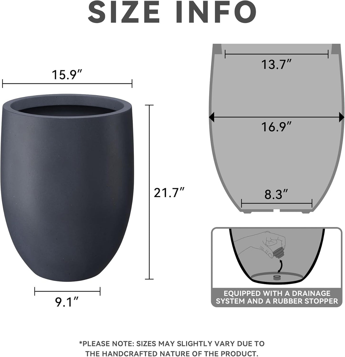 Kante 21.7" H Dark Gray Concrete Tall Planter, Large Outdoor Indoor Decorative Pot with Drainage