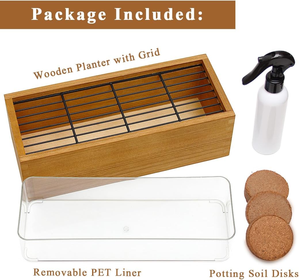 Wooden Cat Grass Planter (no Seeds Included) with Potting Soil Disks, Anti-Digging Grid and