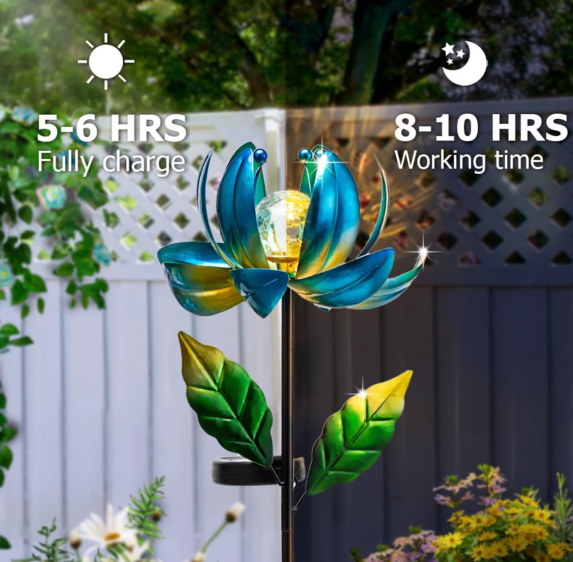 Solar Yard Lights Wind Spinners- Metal Lotus Flower Garden Decor LED Crackle Glass Globe Yard Art