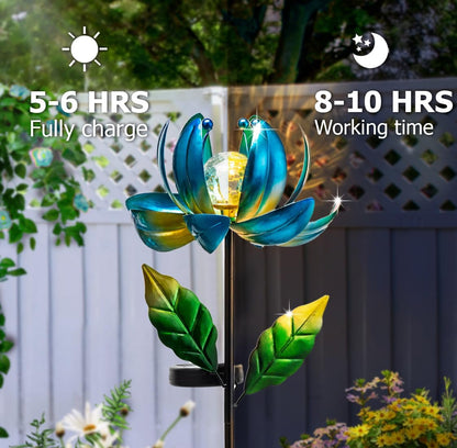 Solar Yard Lights Wind Spinners- Metal Lotus Flower Garden Decor LED Crackle Glass Globe Yard Art