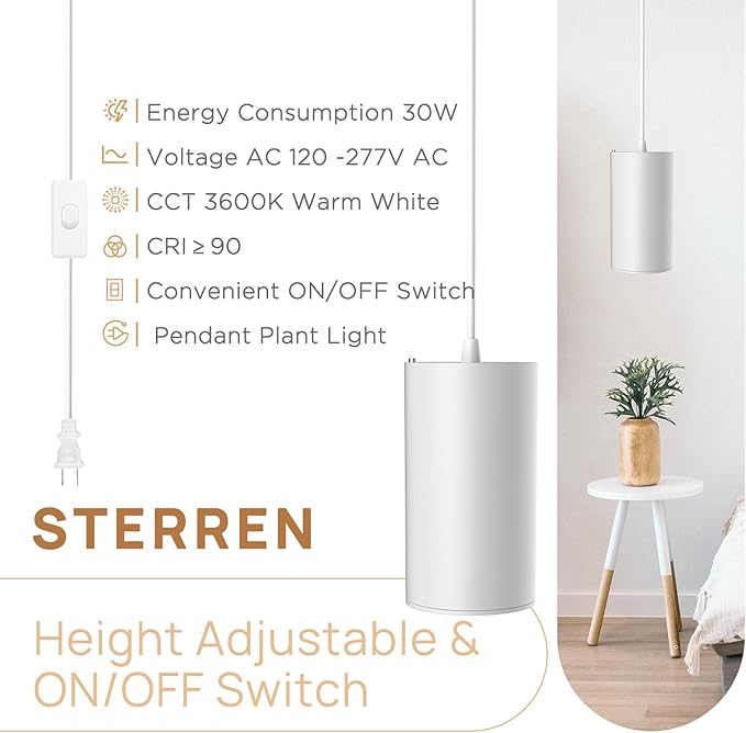 STERREN LED Grow Light, White Plug in Hanging Lights for Indoor Plants, Full Spectrum Grow Lights