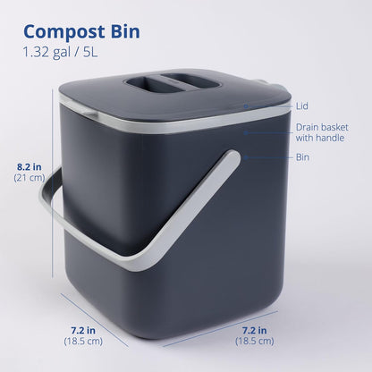 Blue Ginkgo Kitchen Compost Bin [5L / 1.32 GAL] – Filter-Free, Odor-Tight Countertop Food Waste