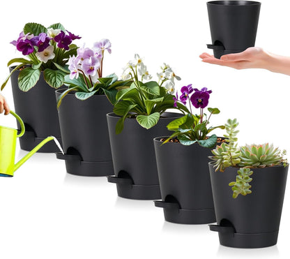 5 Pack 5 inch Self-Watering Pots, African Violets Planter with Drainage Holes and Reservoir, Black