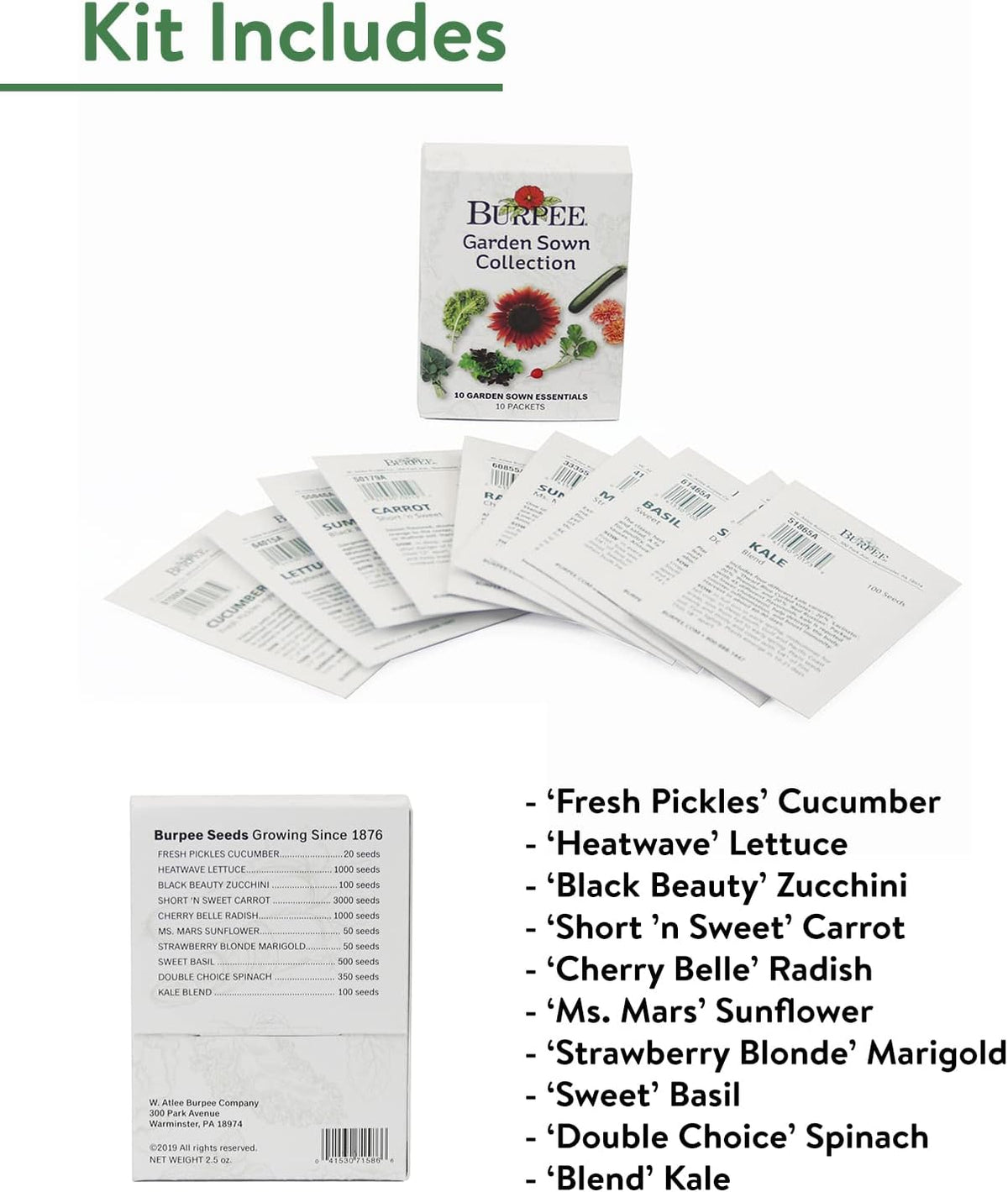 Burpee Garden Sown Flower, Herb & Vegetable 10 Packs of Non-GMO Basil, Lettuce, Cucumber, Radish