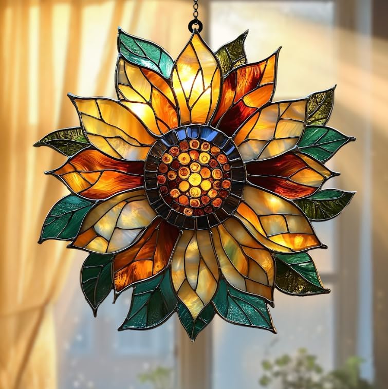 Golden Sunflower Acrylic Suncatcher Stained Glass Effect Window Car Hanging Christmas Ornament