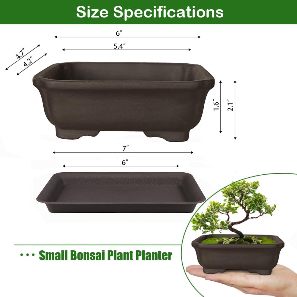 MUZHI 2PACK Unglazed 6” Ceramic Bonsai Pot with Humidity Trays, Breathable Handmade Rectangle