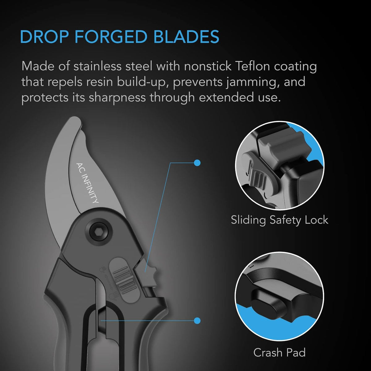 AC Infinity 8” Professional Bypass Pruning Shear, Stainless Steel SK-5 Blades with Nonstick Teflon