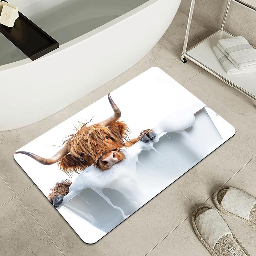 Bath Mat-Bathroom Rug，Bath, Highland Cattle-Absorbent Non Slip Quick Dry Stain Resistant Easy to