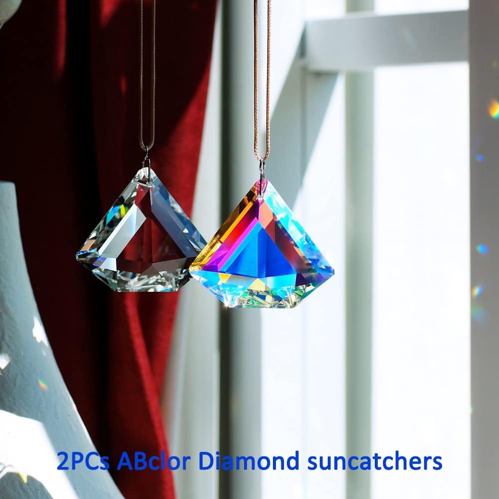 2PCS Clear Diamond Crystal Sun Catcher Prisms, STINO Hanging Suncatchers with Glass Prism, Rainbow