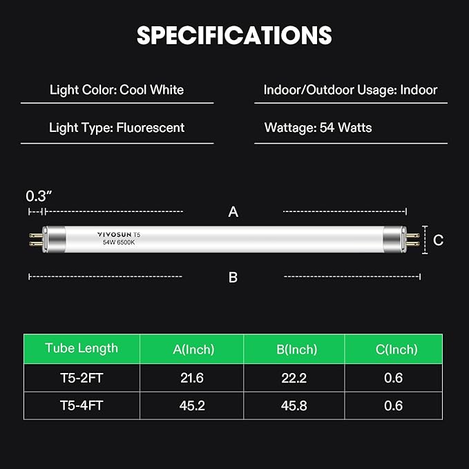 VIVOSUN T5 Grow Light Bulbs 4 Ft 46 Inches, 54W 6500K HO Fluorescent Tubes Light Bulbs, Cool White