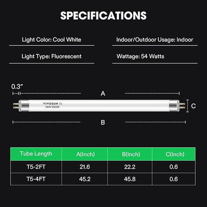 VIVOSUN T5 Grow Light Bulbs 4 Ft 46 Inches, 54W 6500K HO Fluorescent Tubes Light Bulbs, Cool White