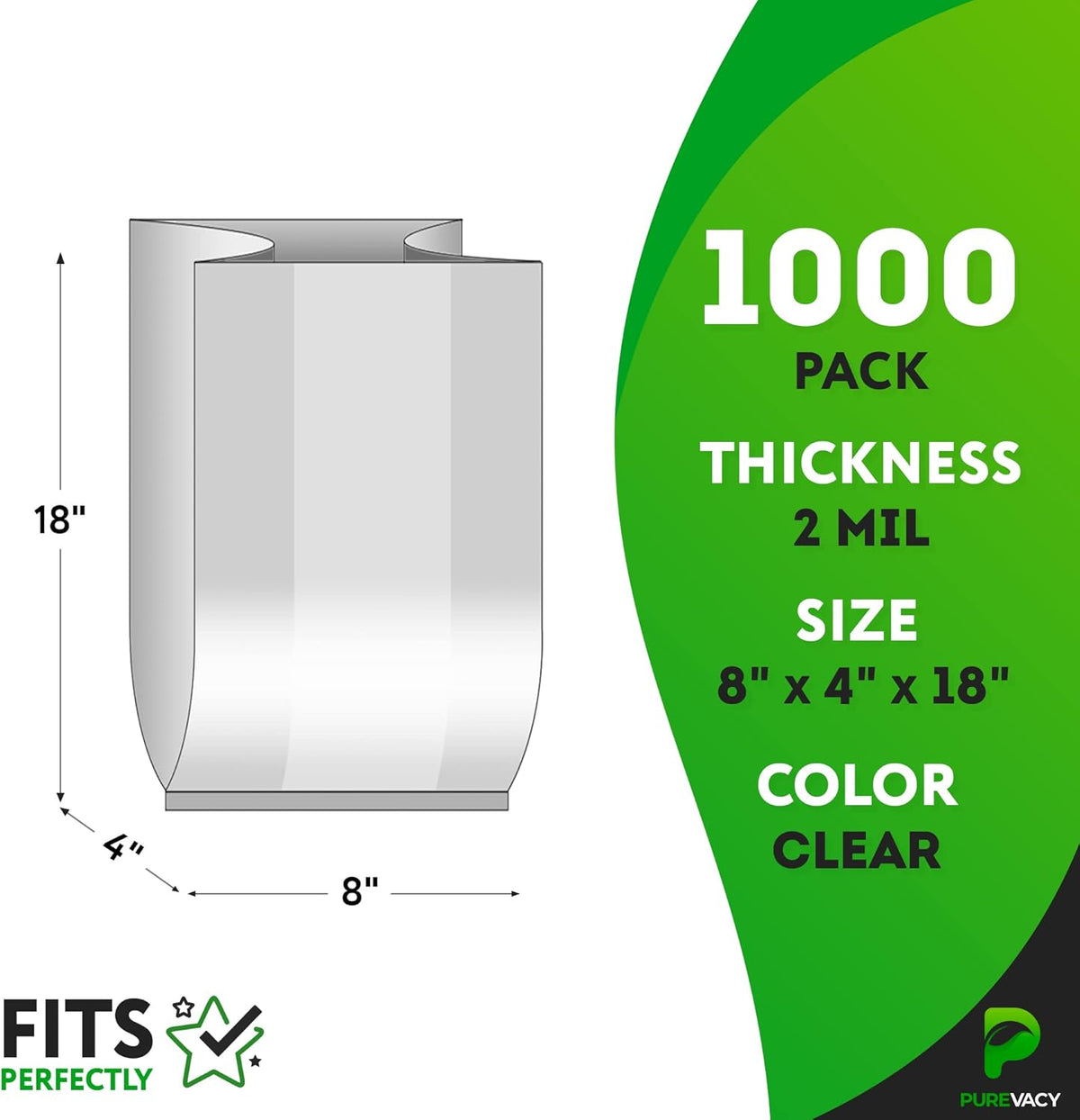 Gusseted Plastic Bags, 8 x 4 x 18 Inches. Pack of 1000 Clear Gusseted Poly Bags. 2 Mil Polyethylene