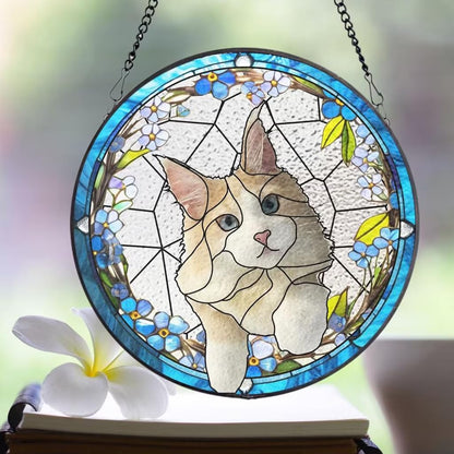 Custom Cat Portrait Stained Glass Window Hanging Light Catcher, Pet Memorial Stained Glass Photo