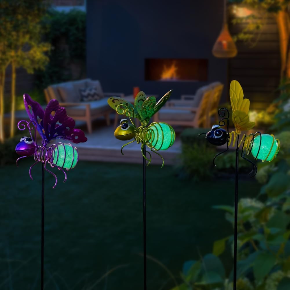 Garden Decor for Outside,3 Pcs Insect Garden Decorative Stakes,Glow in The Dark Bee Metal Yard