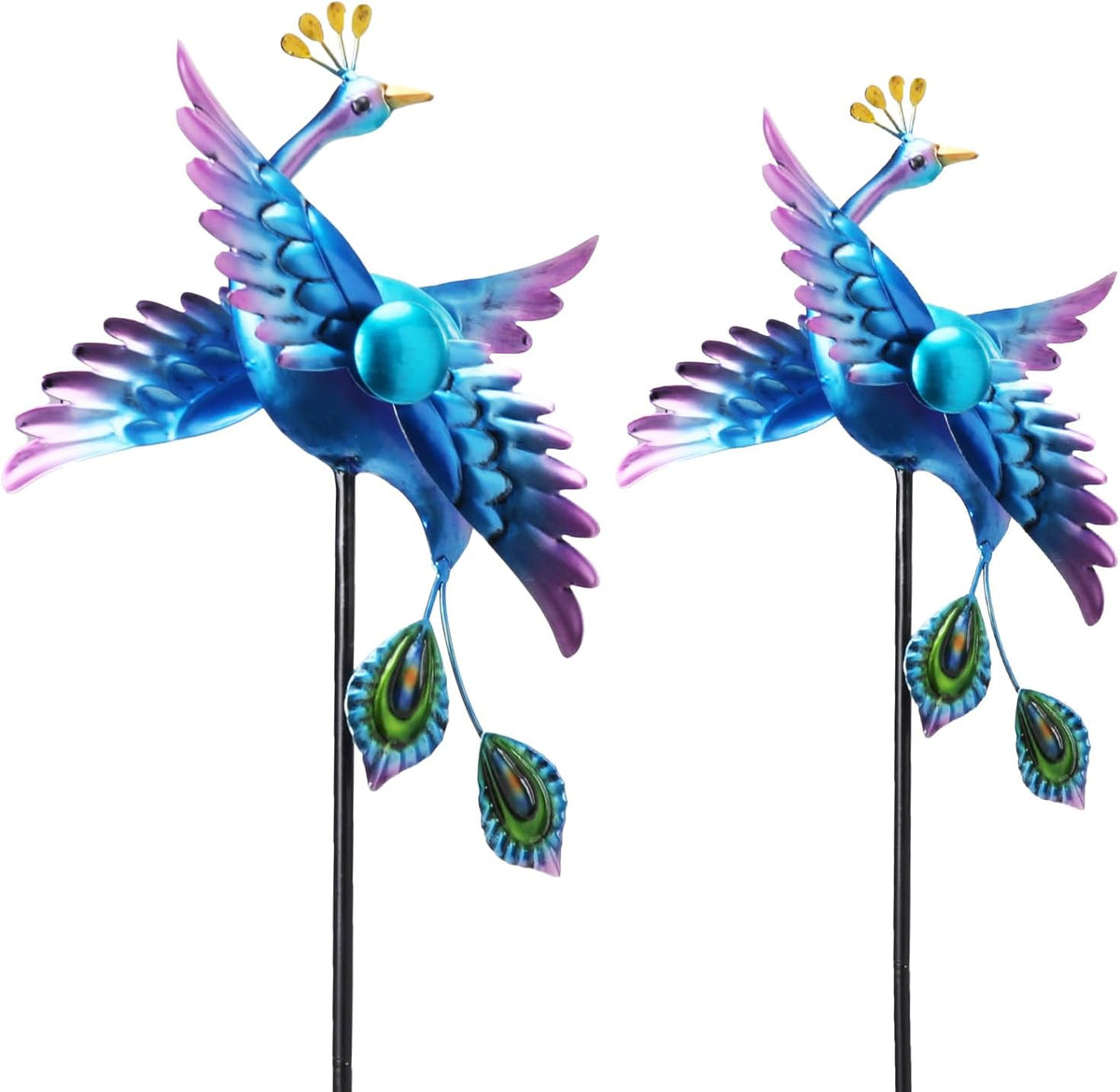 WONDER GARDEN Wind Spinners Outdoor - 2 Pack Small Metal Blue Peacock Wind Spinner Windmill, Wind