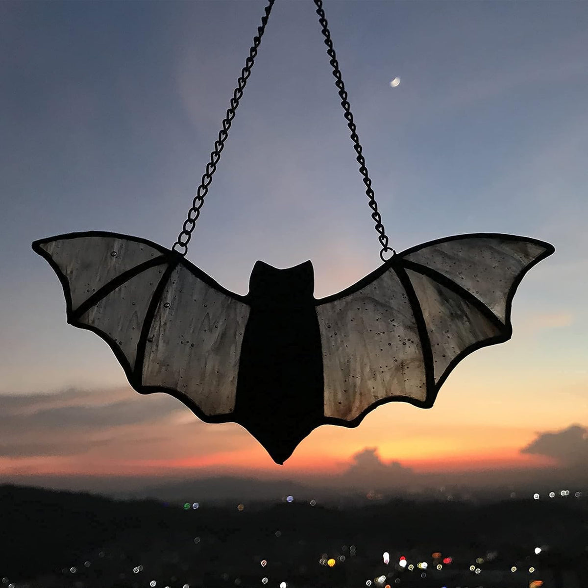Raven on Moon Stained Glass Window Hangings,Crow Suncatcher Halloween Decorations, Handmade Raven