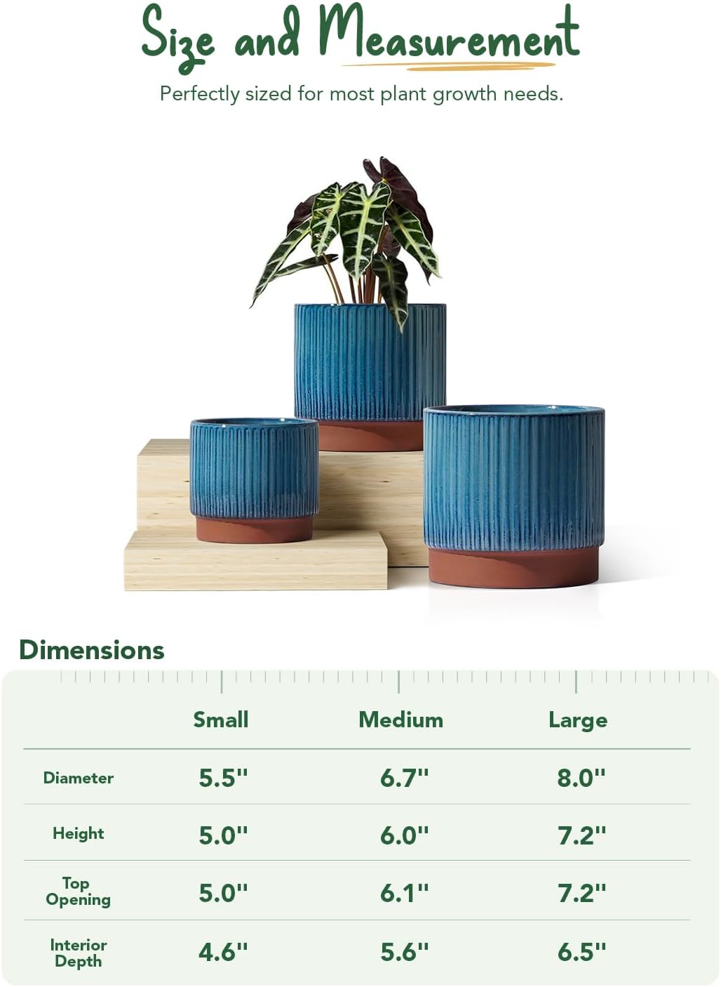 LE TAUCI Ceramic Pots for Plants, 8+6.7+5.5 Inch Plant Pots Indoor, Flower Pot with Drainage Holes