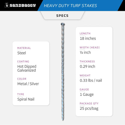 Sandbaggy 18" Heavy Duty Galvanized Artificial Turf Stakes - Spiral Landscape Nails - Ground
