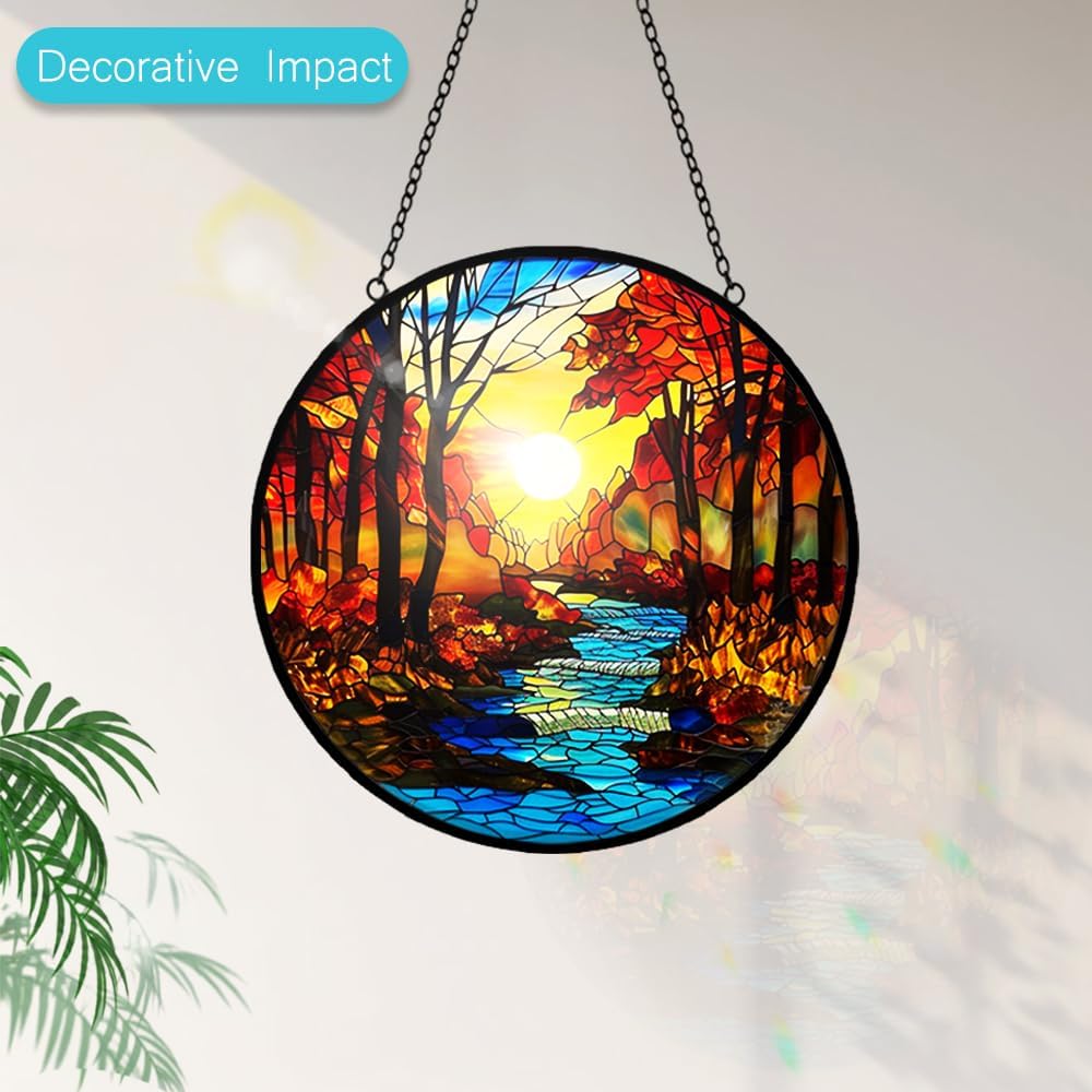 Fall Decor Sunrise Tree and River Landscape Stained Glass Suncatcher for Window Hanging - Mountains