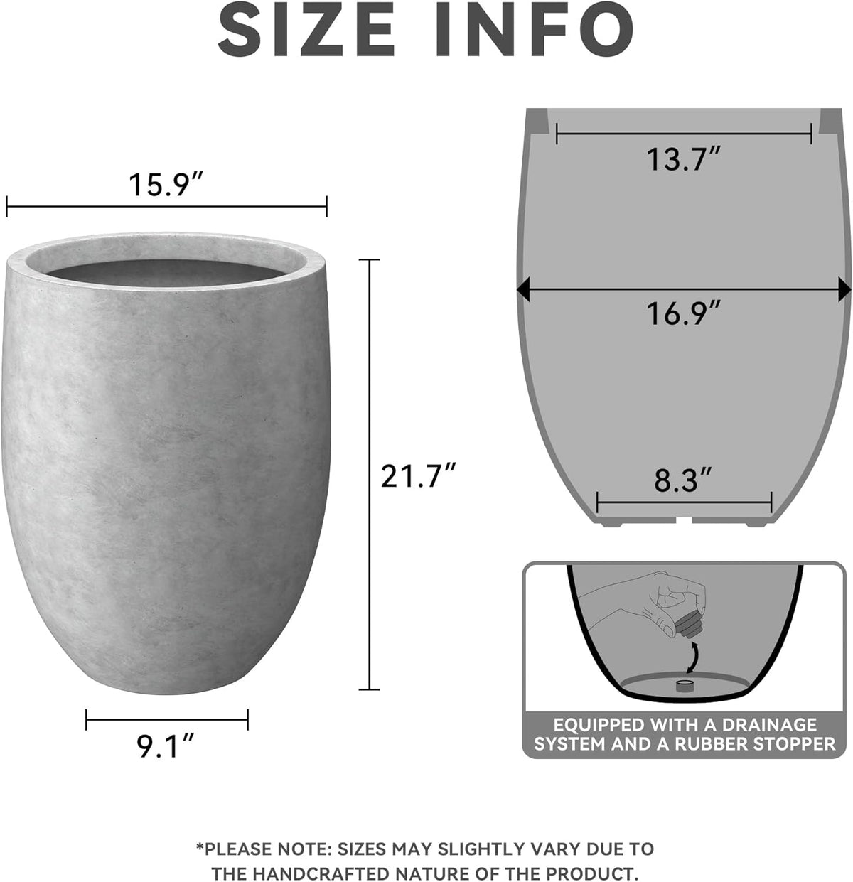 Kante 21.7" H Natural Concrete Tall Planter, Large Outdoor Indoor Decorative Pot with Drainage Hole