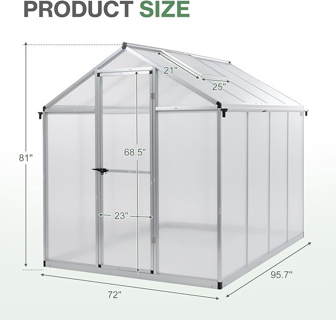 Aoodor 6 x 8 Ft Walk-in Greenhouse with Gutter, Polycarbonate and Heavy-Duty Aluminum Frame