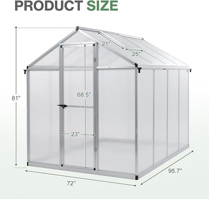 Aoodor 6 x 8 Ft Walk-in Greenhouse with Gutter, Polycarbonate and Heavy-Duty Aluminum Frame