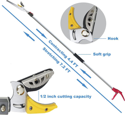4.4-7.2 Foot Tree Pruner 2 Sections Extendable 4 Nodes Adjustable, Cut and Hold Pruning Trimmer