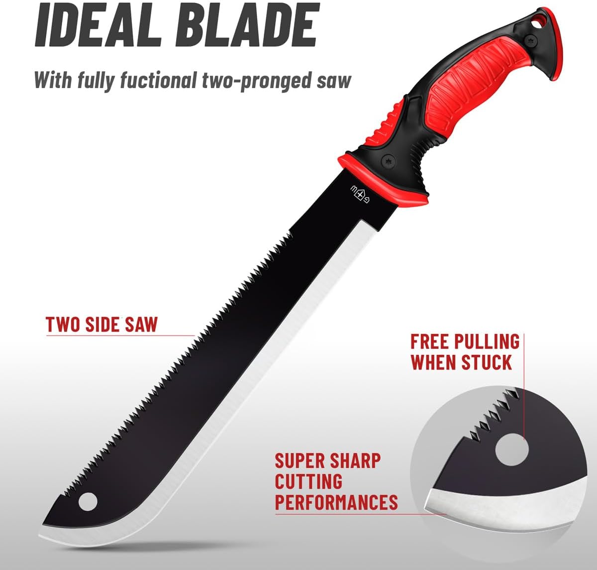 Machete with Saw - 19” Heavy Duty Tool & Sheath - Ergonomic No-Slip Handle - Survival Knife with