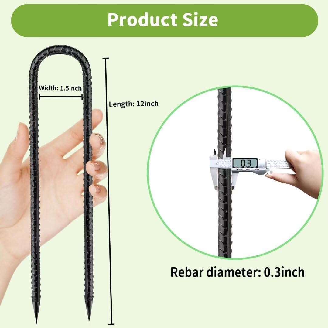 Ground-Stakes-Heavy-Duty-12 inch, U-Hook Rebar Stakes Black Coated Anti-Rust 10pcs Garden Stakes