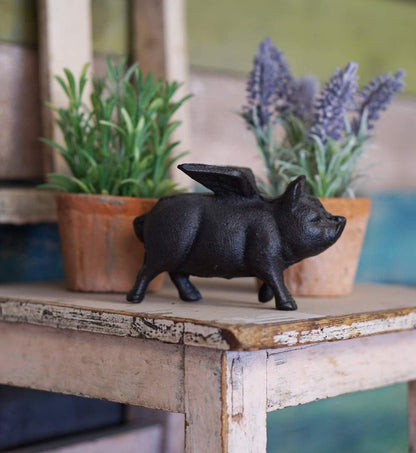 NACH Cast Iron Flying Pig Garden Statue - Black Door Stopper, Rustic Decor Sculpture, Paperweight