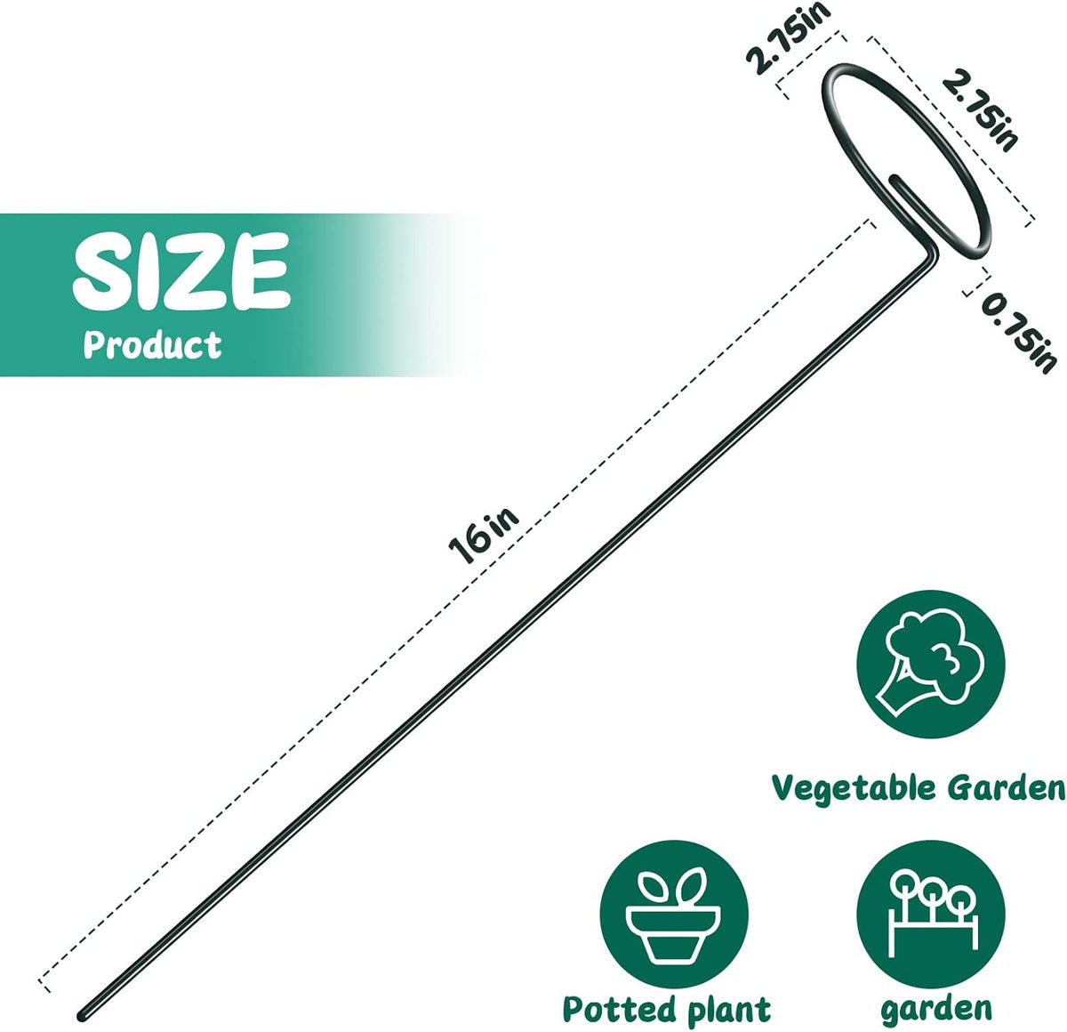Green Metal Plants Support Stakes (Pack of 8), Garden Single Stem Plant Support Rod and Ring with