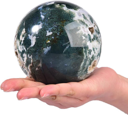 Large Moss Agate Crystal Sphere Natural Healing Crystal Ball with Stand Meditation Decorative Balls