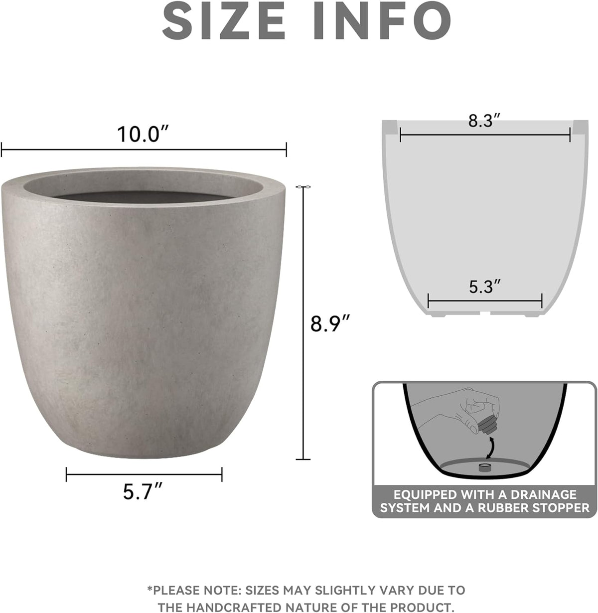 Kante 10 Inch Dia Round Concrete Planter, Indoor Outdoor Large Plant Pot with Drainage Hole and