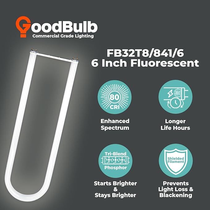 GoodBulb 32 Watt 6 Inch T8 Fluorescent U-Bend Light Bulb 4100K Cool White Medium Bi-Pin Base High