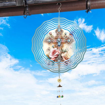 Cross Flower Wind Spinner, Metal Wind Spinners Outdoor/Indoor, God Cross Hanging Garden Decor for
