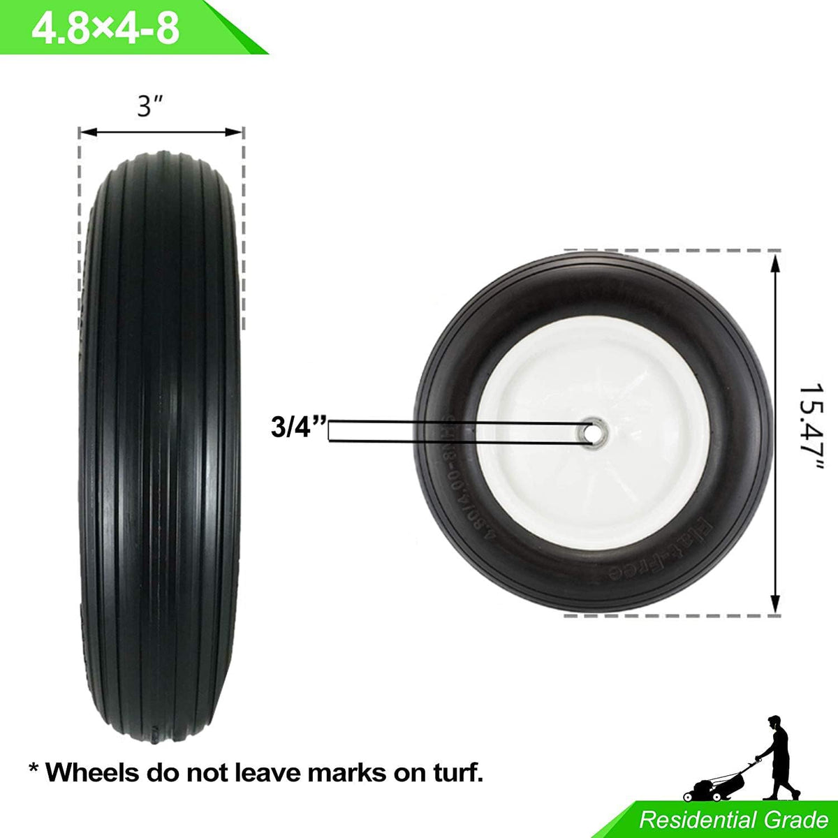 Set of 2 Wheelbarrow Tire 4.80/4.00-8 Flat-Free with 3/4 & 5/8 Wheel Bearing, 3-6" Hub 16" Solid