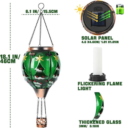 Solar Powered Hot Air Balloon Lantern - Christmas Tree Glass Lantern, Simulated Flickering &